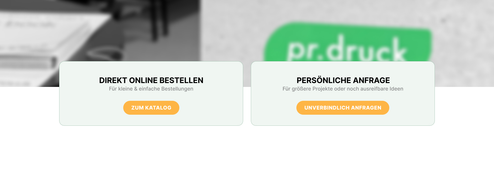 Zwei CTA-Karten im Hero: Direkt online bestellen, Persönliche Anfrage