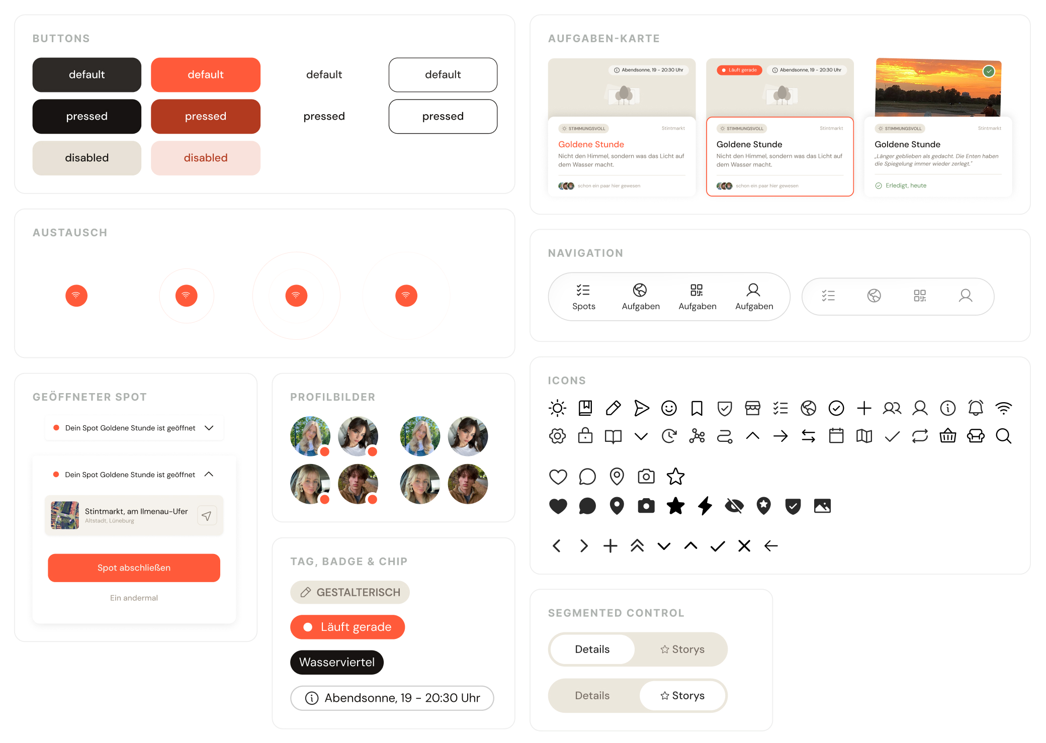 Bausteine des UI-Systems: Aufgaben-Karte, Navigation, Buttons, Austausch, Spot, Profilbilder, Icons, Tag/Badge/Chip, Segmented Control